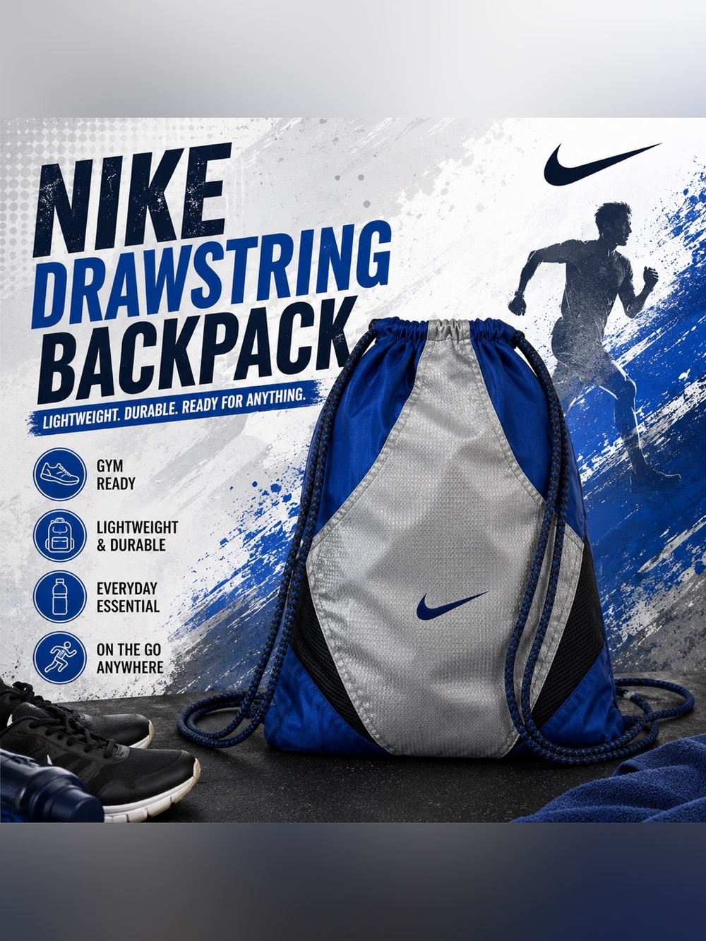Nike Blue Gray Drawstring Gym Sack Backpack Athletic Bag